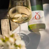 Ein Glas Riesling feinherb, ein Produkt eines Winzers an der Mosel, steht neben der Flasche auf einem Holztisch.
