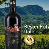 Flasche Rotwein vor malerischer Berglandschaft und Weinbergen. Luca Maroni vergibt 99 Punkte für diesen italienischen Spitzenwein.