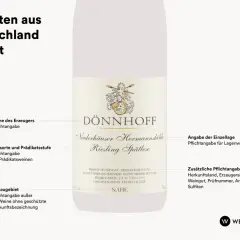 Erklärung, was ein Etikett ist: Ein Wein-Etikett mit Erläuterungen zu Pflichtangaben wie Erzeuger, Rebsorte und Anbaugebiet.