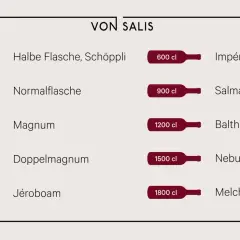VON SALIS: Übersicht verschiedener Flaschengrößen, von 37,5 cl (Halbe Flasche) bis 1800 cl (Melchior).