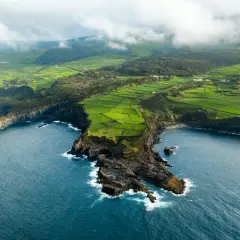Grüne Felder auf einer portugiesischen Insel, wo vielleicht auch ein guter portugiesischer Inselwein wächst.