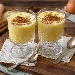 Zwei Gläser cremiger Zabaione, bestreut mit Zimt. Dazu Savoiardi-Kekse und Zimtstangen – ein perfektes Zabaione Rezept.