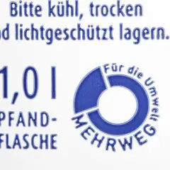1,01 € Pfand auf diese Mehrweg-Flasche. Bitte kühl, trocken und lichtgeschützt lagern. Gut für die Umwelt!