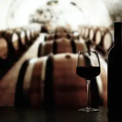 Glas Rotwein und Flasche vor Reihen von Eichenfässern, die auf die Reifung von crianza rioja hindeuten.