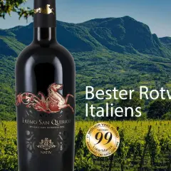 Flasche Rotwein vor malerischer Berglandschaft und Weinbergen. Luca Maroni vergibt 99 Punkte für diesen italienischen Spitzenwein.