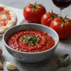 Eine Schüssel mit aromatischer Tomatensauce mit Rotwein, garniert mit Kräutern, daneben frische Tomaten, Knoblauch und eine Pizza.