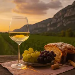 Ein Glas Weißwein, Trauben und Brot vor einer Weinrebe bei Sonnenuntergang. Ein Genuss wie ein guter Grauburgunder italienisch.