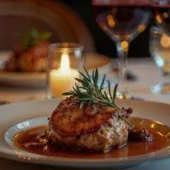 Ein festliches Abendessen mit einem zarten Stück Fleisch, garniert mit Rosmarin, und zwei Gläsern Rotwein. Perfekt, um sich zu fragen, welcher Rotwein zum Wild kochen passt.