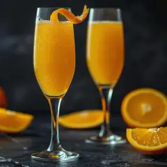 Zwei Gläser mit einem spritzigen **champagne drink**, garniert mit Orangenschale, umgeben von frischen Orangen.