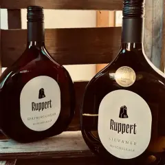 Zwei Flaschen Ruppert Wein, Spätburgunder und Silvaner, aus einem Weingut in Franken.