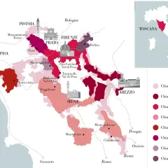 Karte der Chianti-Weinregion in der Toskana, Italien. Verschiedene Farbtöne zeigen die Gebiete der Chianti-Rebsorte.