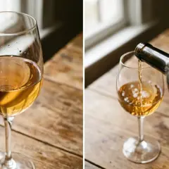 Ein Glas Wein mit Tropfen am Rand, daneben wird Wein aus einer Flasche in ein Glas gegossen. Der Wein hat eine goldene Farbe, die an den Geruch von **sulfid im Wein** erinnern könnte.