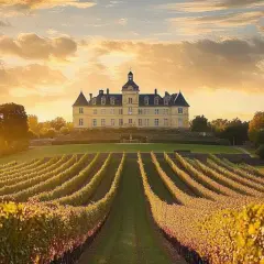 Malerische bordeaux landschaft mit einem Schloss und Weinbergen im goldenen Abendlicht.