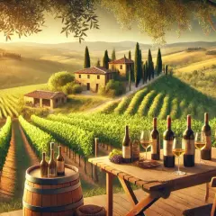 Toscana-Landschaft mit Weinbergen, Häusern und einem Tisch voller Wein. Der **Chianti Geschmack** liegt in der Luft.