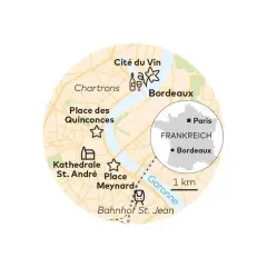 Karte von Frankreich mit Bordeaux als Zentrum. Zeigt Sehenswürdigkeiten wie Cité du Vin, Kathedrale St. André und Bahnhof St. Jean.