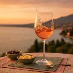 Ein Glas Roséwein sprudelt bei Sonnenuntergang in Molise, Italien. Dazu Oliven und Käse auf einem Tisch mit Blick auf den See.