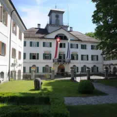 Das Schloss Reichenau mit Schweizer Fahnen und einem Uhrturm. Ein gepflegter Garten mit einem Stein und Büschen lädt zum Verweilen ein.