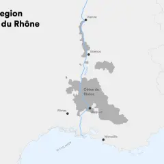 Karte der Weinregion Côtes du Rhône entlang des Flusses. Hier wächst auch der berühmte Hermitage Wein.
