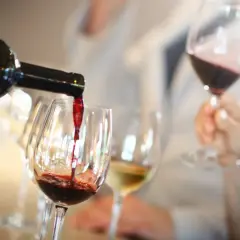 Rotwein wird in ein Glas gegossen, während ein Weinkenner mit einem Fachbegriff die Aromen beschreibt.