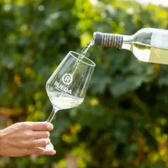 Ein Glas wird mit Weißwein gefüllt, der aus einer Flasche mit dem Etikett "Rueda" gegossen wird. Ein Hauch von verdejo deutsch in der Luft.