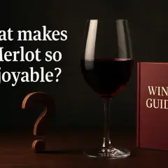 Ein Glas tiefroter Merlot-Wein steht neben einem Wein-Ratgeber und einem Fragezeichen. Was macht diesen Wein so besonders?