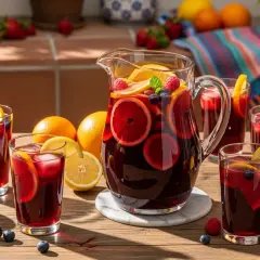 Erfrischendes Sangria Rezept mit Orangen, Beeren und Zitronenspalten. Perfekt für heiße Tage!