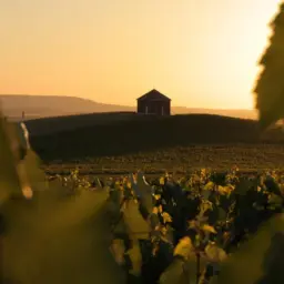 Sonnenuntergang über Weinbergen, ein kleines Gebäude auf einem Hügel, das an Moët Hennessy erinnert.