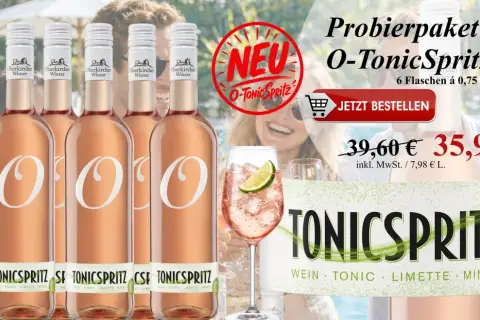Sechs Flaschen O-Tonic Spritz von Oberkircher Winzer, ein erfrischender Genuss, der beweist, dass Deutschland auch den besten Rotwein und mehr kann. Jetzt bestellen!