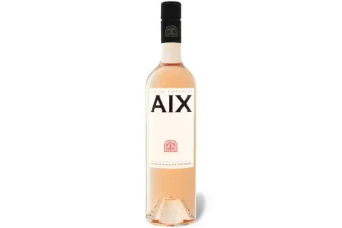 Flasche Roséwein von Maison Saint Aix, Vin de Provence, mit dem Etikett "AIX" und dem Siegel "Coteaux d'Aix en Provence".