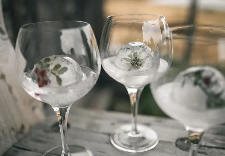 Drei Gläser mit Gin Tonic, gekühlt mit Eisbällen, die Kräuter und Beeren enthalten.