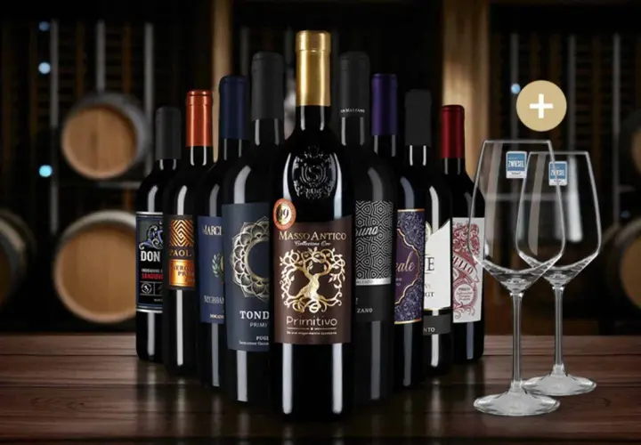 Eine Auswahl an Flaschen Rotwein, die auf einer Holzoberfläche stehen, mit Weinfässern im Hintergrund. Diese Weine könnten Teil einer besten Rotwein Rangliste sein.