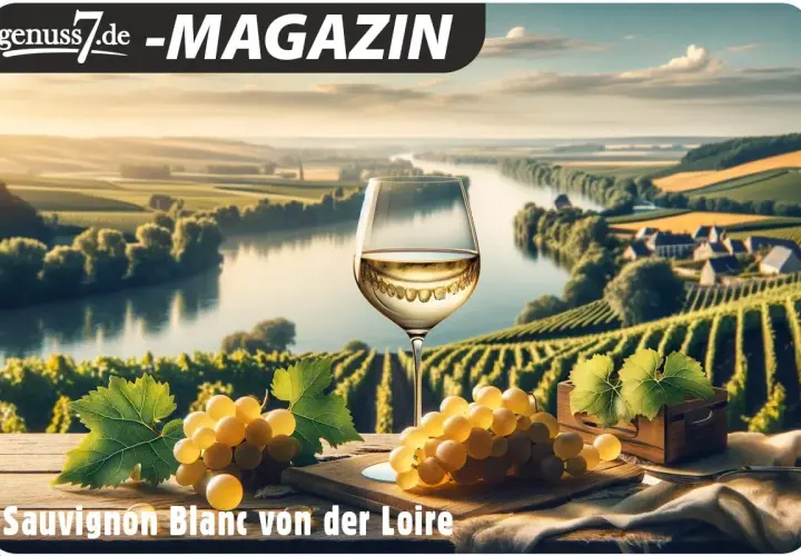 Ein Glas Sancerre Wein steht vor einer malerischen Weinlandschaft an der Loire. Trauben und Weinblätter zieren den Vordergrund.