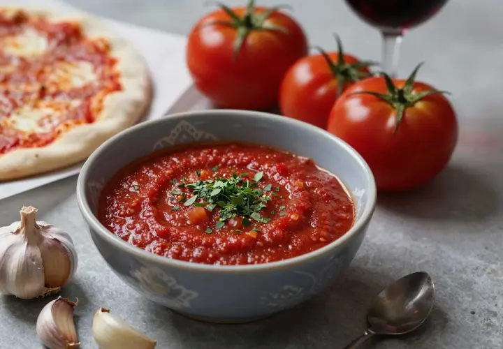 Eine Schüssel mit aromatischer Tomatensauce mit Rotwein, garniert mit Kräutern, daneben frische Tomaten, Knoblauch und eine Pizza.