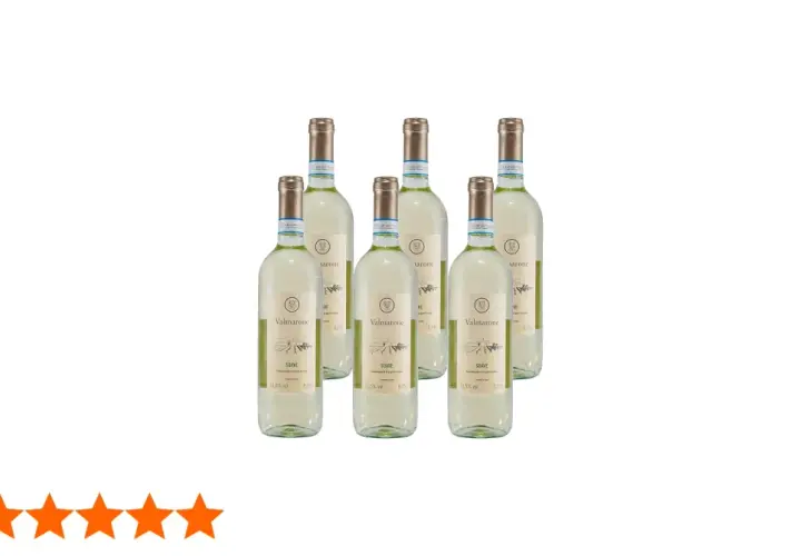 Sechs Flaschen Valmarone Soave, ein exzellenter italienischer Weißwein, bereit für den Genuss.