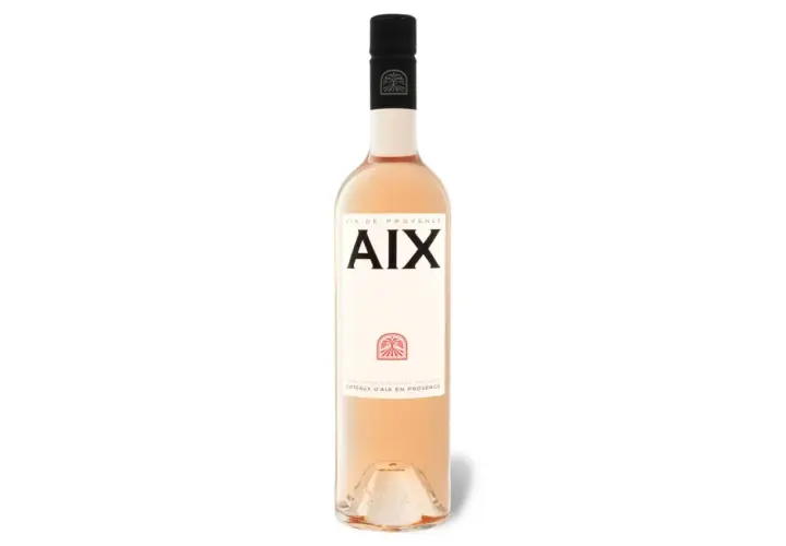 Flasche Roséwein von Maison Saint Aix, Vin de Provence, mit dem Etikett "AIX" und dem Siegel "Coteaux d'Aix en Provence".