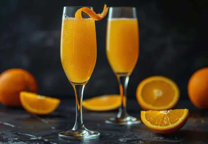 Zwei Gläser mit einem spritzigen **champagne drink**, garniert mit Orangenschale, umgeben von frischen Orangen.