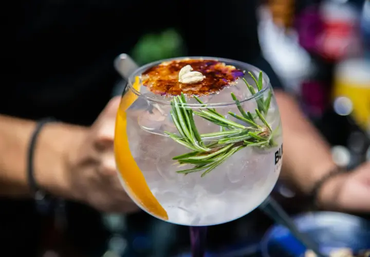 Ein erfrischender Gin Tonic mit Rosmarin und karamellisierter Orangenscheibe, einer der besten Gin Cocktails.
