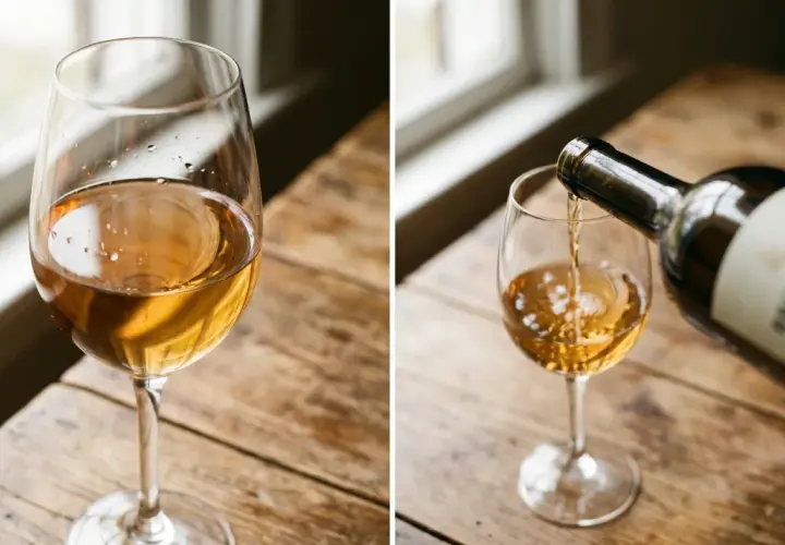 Ein Glas Wein mit Tropfen am Rand, daneben wird Wein aus einer Flasche in ein Glas gegossen. Der Wein hat eine goldene Farbe, die an den Geruch von **sulfid im Wein** erinnern könnte.