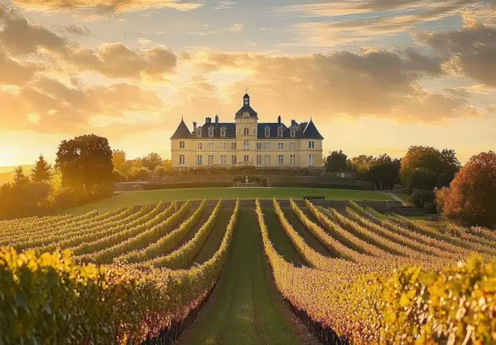 Malerische bordeaux landschaft mit einem Schloss und Weinbergen im goldenen Abendlicht.