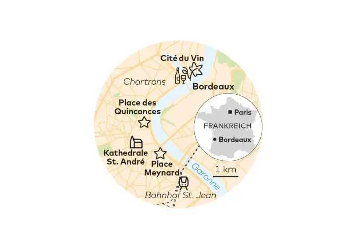 Karte von Frankreich mit Bordeaux als Zentrum. Zeigt Sehenswürdigkeiten wie Cité du Vin, Kathedrale St. André und Bahnhof St. Jean.