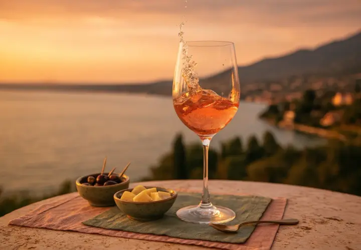 Ein Glas Roséwein sprudelt bei Sonnenuntergang in Molise, Italien. Dazu Oliven und Käse auf einem Tisch mit Blick auf den See.