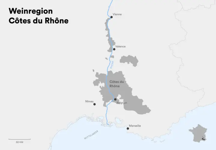 Karte der Weinregion Côtes du Rhône entlang des Flusses. Hier wächst auch der berühmte Hermitage Wein.