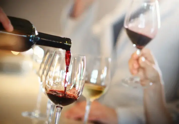 Rotwein wird in ein Glas gegossen, während ein Weinkenner mit einem Fachbegriff die Aromen beschreibt.