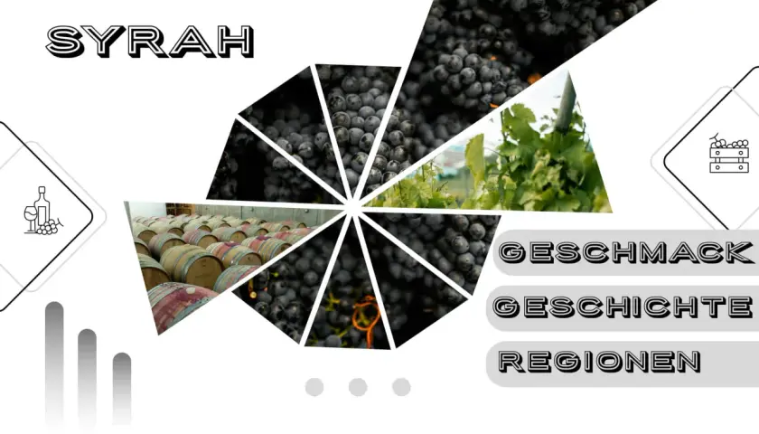 SYRAH: dunkle Trauben, Weinreben, Fässer und die Worte "Geschmack", "Geschichte", "Regionen". Ein Fest für den rotwein syrah.