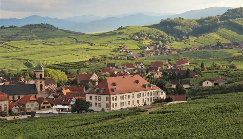 Idyllisches Dorf in Frankreich, umgeben von Weinbergen. Perfekt für eine Weinjahrgangstabelle Frankreich.