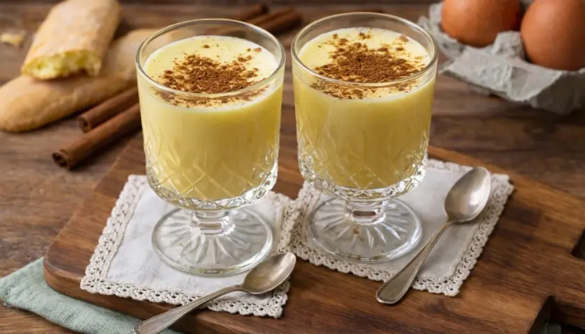 Zwei Gläser cremiger Zabaione, bestreut mit Zimt. Dazu Savoiardi-Kekse und Zimtstangen – ein perfektes Zabaione Rezept.