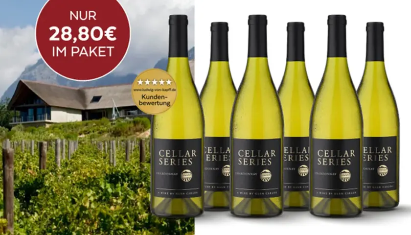 Sechs Flaschen Chardonnay "Cellar Series" im Paket für 28,80€. Ein Wein, der nach Sonne und Reben duftet.