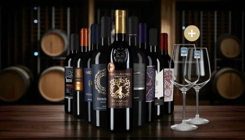 Eine Auswahl an Flaschen Rotwein, die auf einer Holzoberfläche stehen, mit Weinfässern im Hintergrund. Diese Weine könnten Teil einer besten Rotwein Rangliste sein.