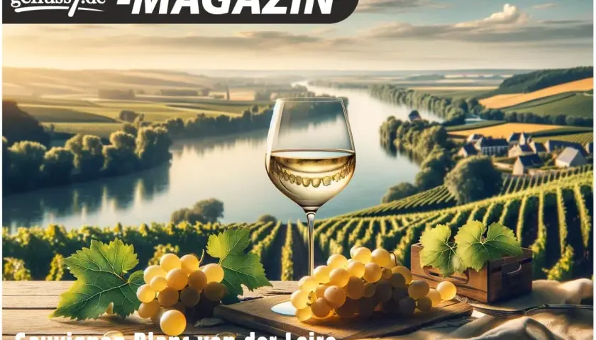 Ein Glas Sancerre Wein steht vor einer malerischen Weinlandschaft an der Loire. Trauben und Weinblätter zieren den Vordergrund.