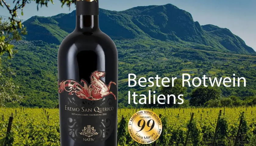 Flasche Rotwein vor malerischer Berglandschaft und Weinbergen. Luca Maroni vergibt 99 Punkte für diesen italienischen Spitzenwein.